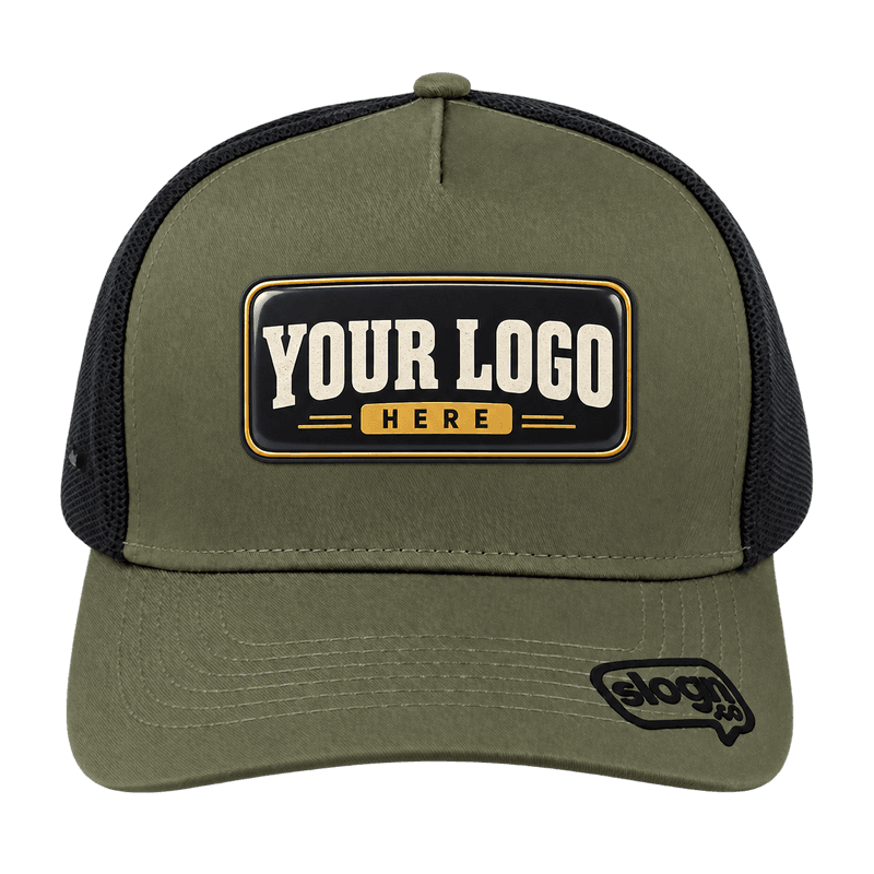 Olive trucker cap with a Your Logo Here placeholder patch
